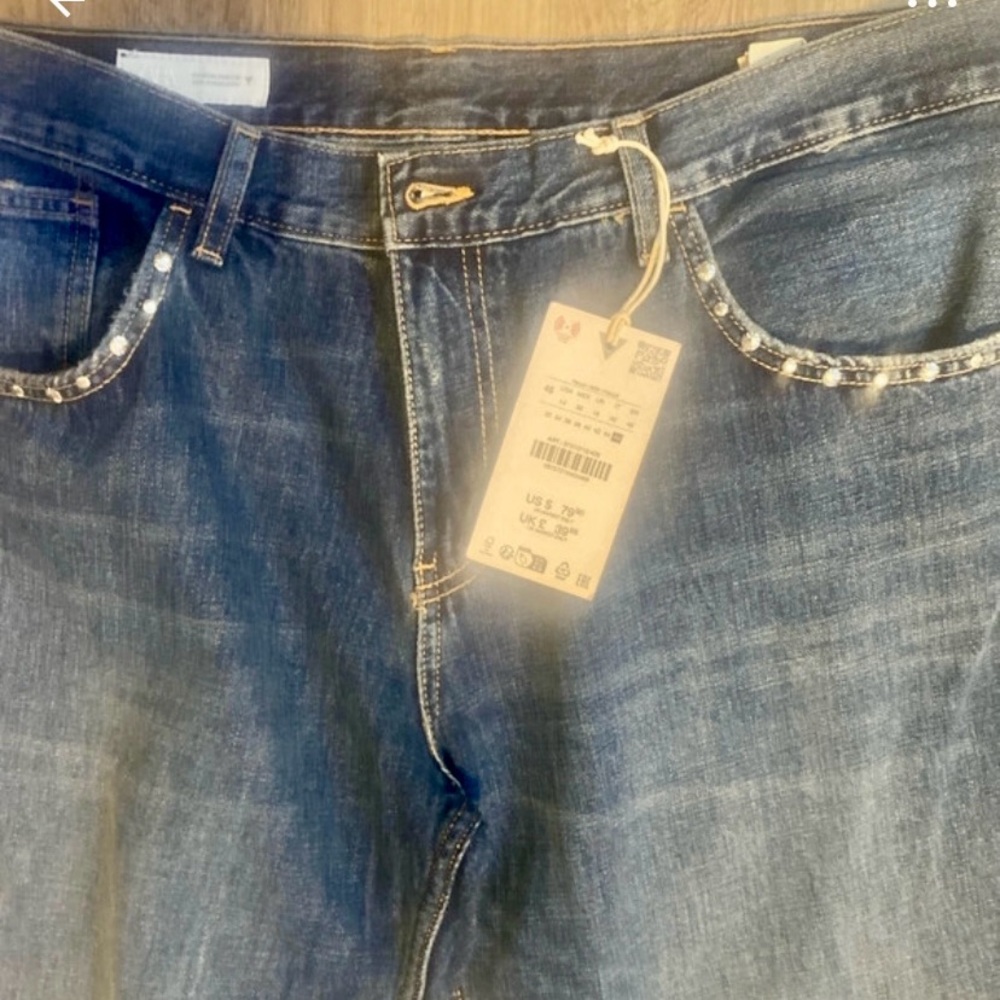 Zara Blue Denim Jeans Low Rise with Silver stud Details Size 14 fits like a 12